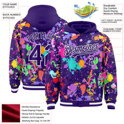 Custom Graffiti Pattern Purple-White Splash Bomber Full-Snap Varsity Letterman Hoodie Jacket