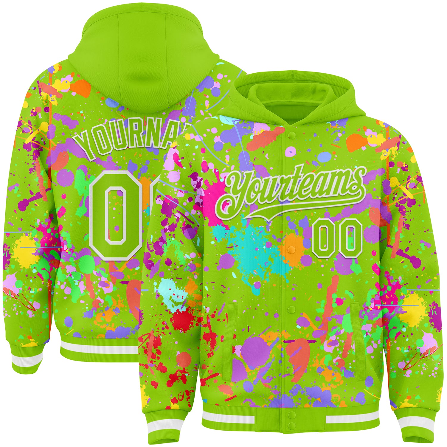 Custom Graffiti Pattern Neon Green-White Splash Bomber Full-Snap Varsity Letterman Hoodie Jacket