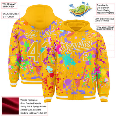 Custom Graffiti Pattern Gold-White Splash Bomber Full-Snap Varsity Letterman Hoodie Jacket
