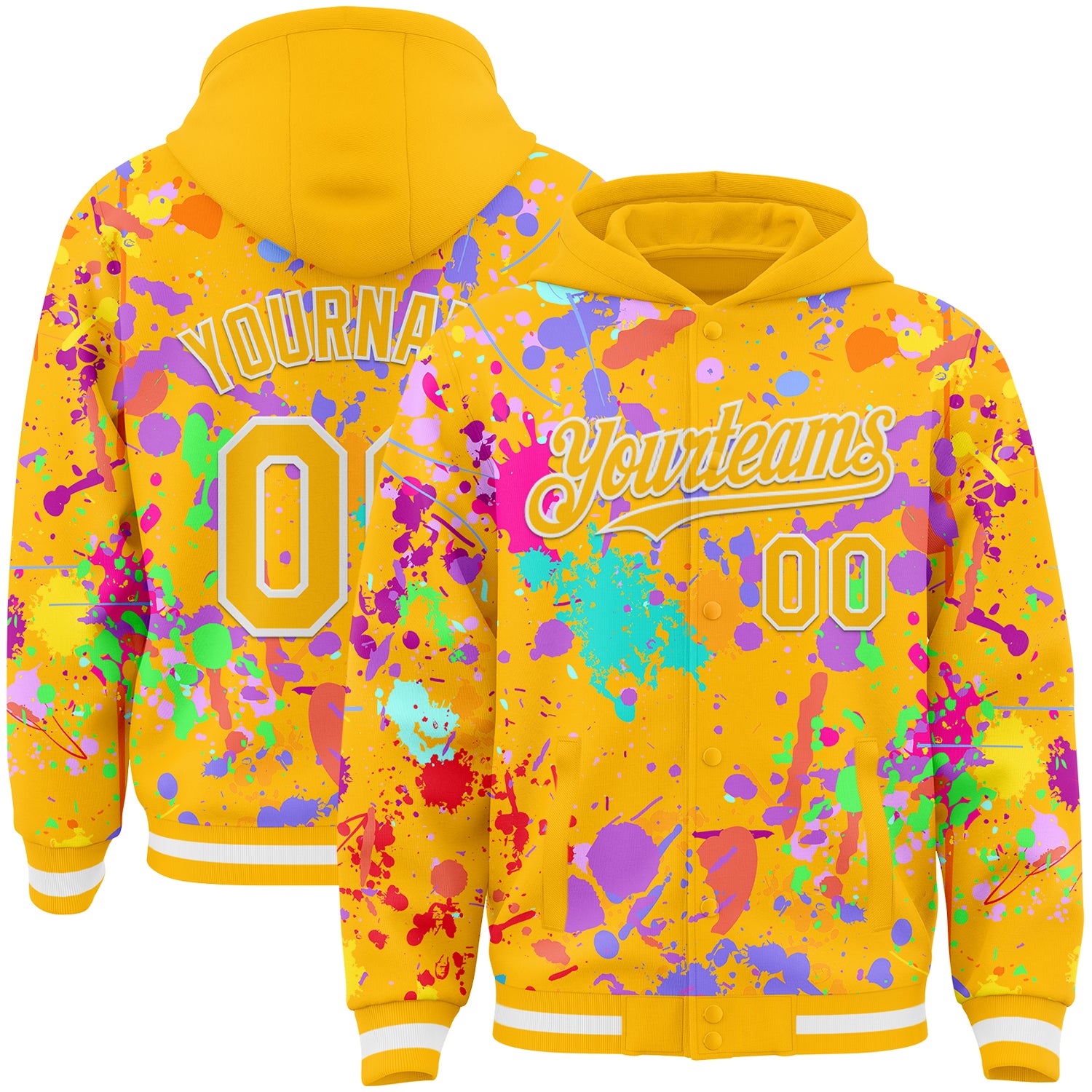 Custom Graffiti Pattern Gold-White Splash Bomber Full-Snap Varsity Letterman Hoodie Jacket