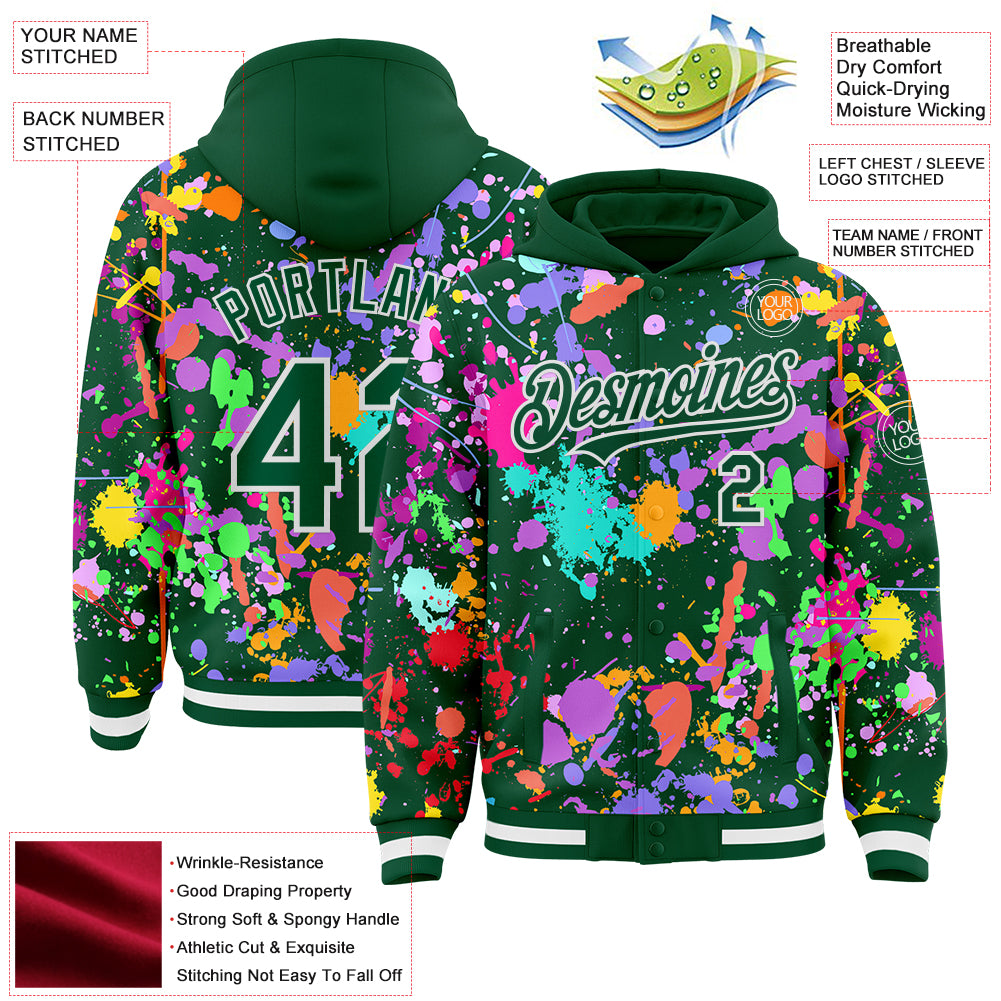 Custom Graffiti Pattern Kelly Green-White Splash Bomber Full-Snap Varsity Letterman Hoodie Jacket