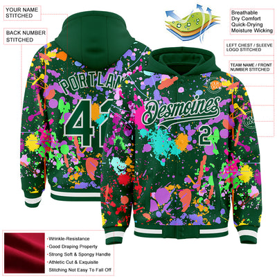 Custom Graffiti Pattern Kelly Green-White Splash Bomber Full-Snap Varsity Letterman Hoodie Jacket