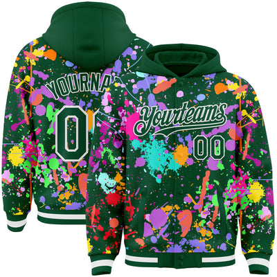 Custom Graffiti Pattern Kelly Green-White Splash Bomber Full-Snap Varsity Letterman Hoodie Jacket