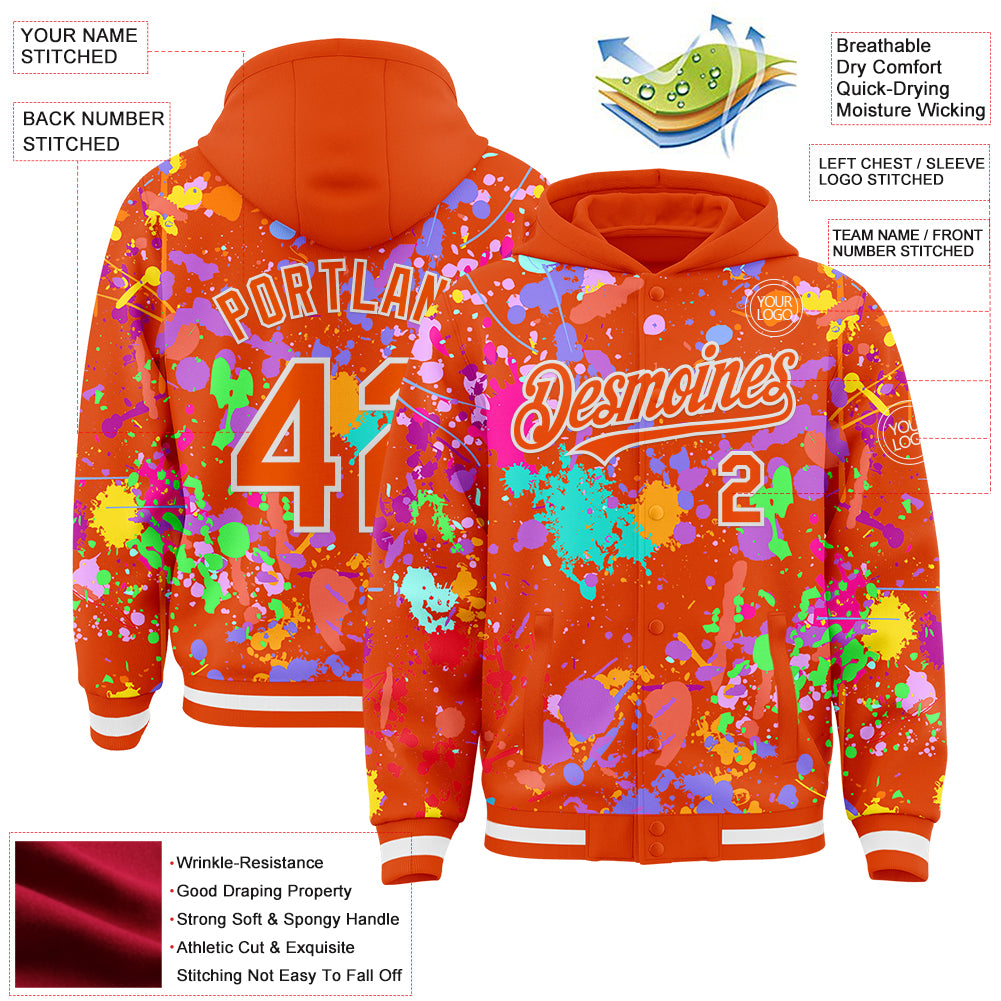 Custom Graffiti Pattern Orange-White Splash Bomber Full-Snap Varsity Letterman Hoodie Jacket