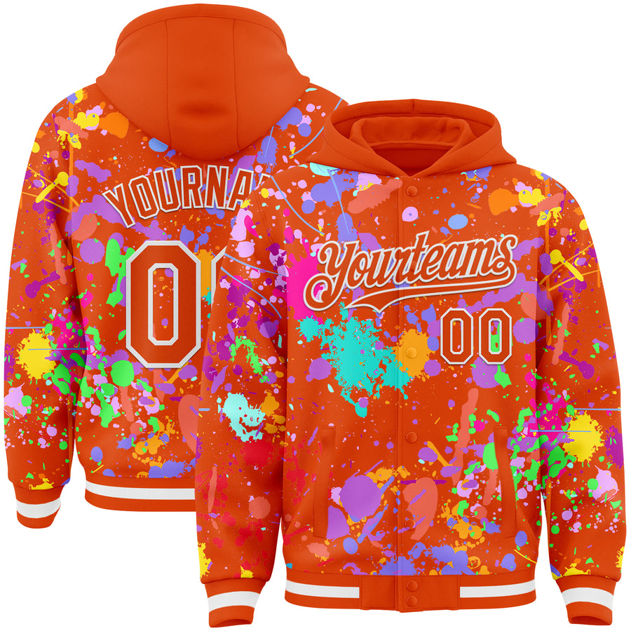 Custom Graffiti Pattern Orange-White Splash Bomber Full-Snap Varsity Letterman Hoodie Jacket