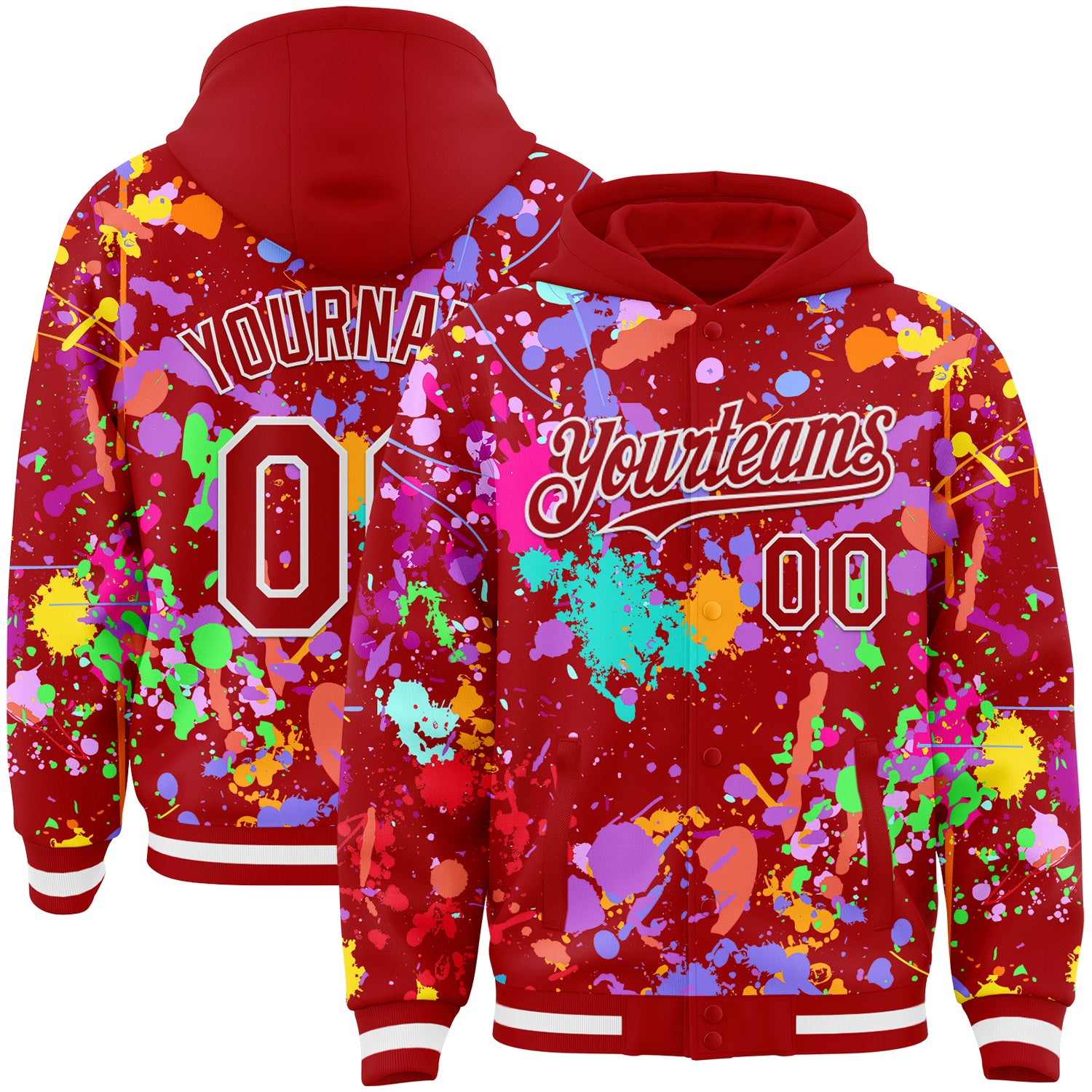 Custom Graffiti Pattern Red-White Splash Bomber Full-Snap Varsity Letterman Hoodie Jacket