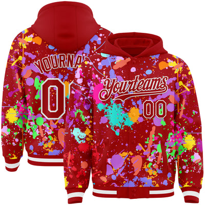 Custom Graffiti Pattern Red-White Splash Bomber Full-Snap Varsity Letterman Hoodie Jacket