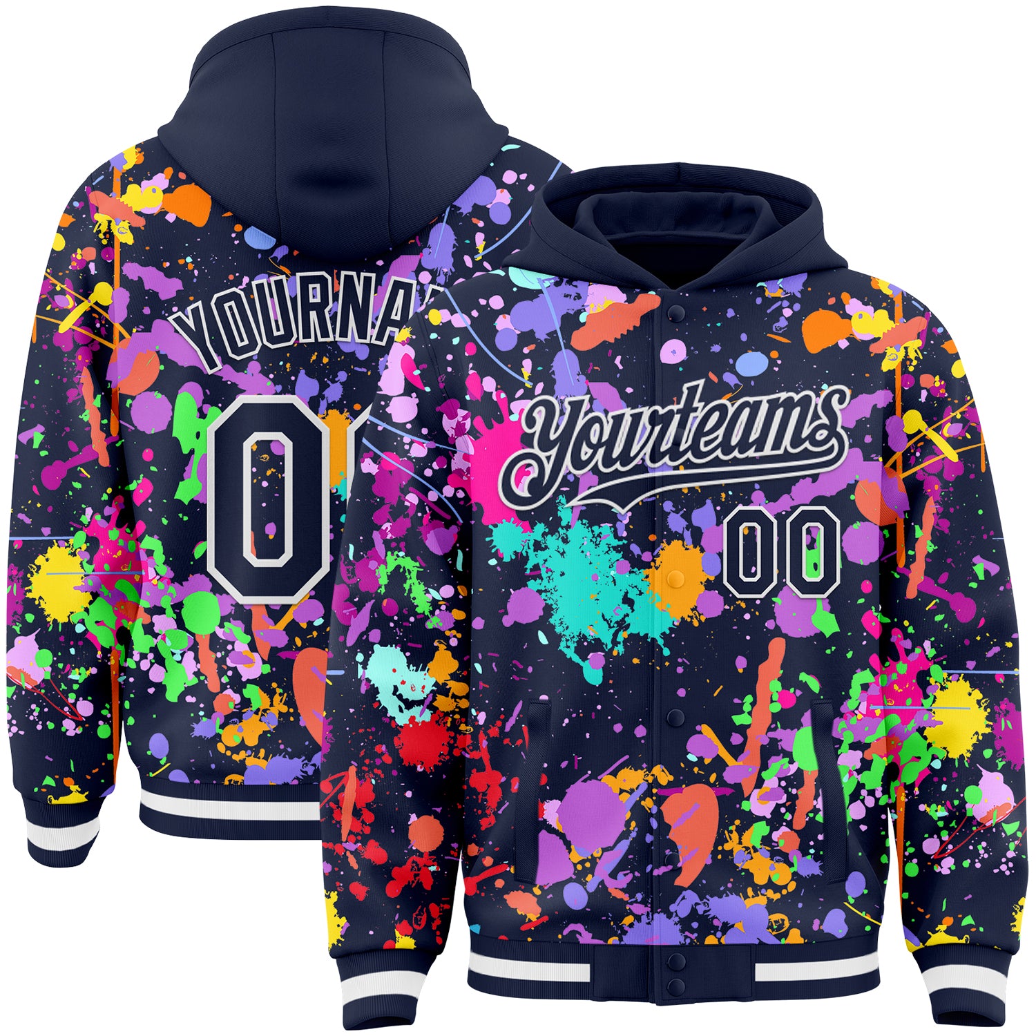 Custom Graffiti Pattern Navy-White Splash Bomber Full-Snap Varsity Letterman Hoodie Jacket