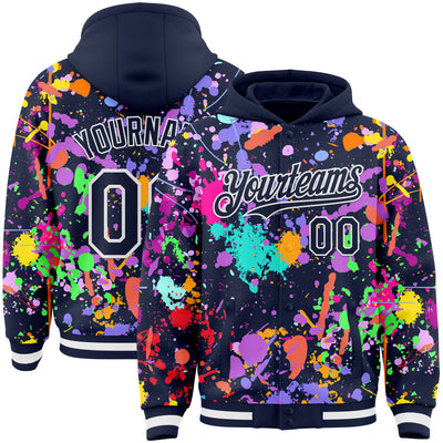 Custom Graffiti Pattern Navy-White Splash Bomber Full-Snap Varsity Letterman Hoodie Jacket