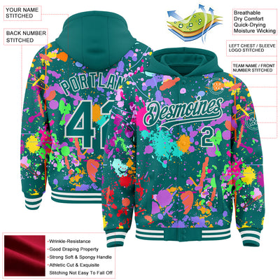 Custom Graffiti Pattern Teal-White Splash Bomber Full-Snap Varsity Letterman Hoodie Jacket