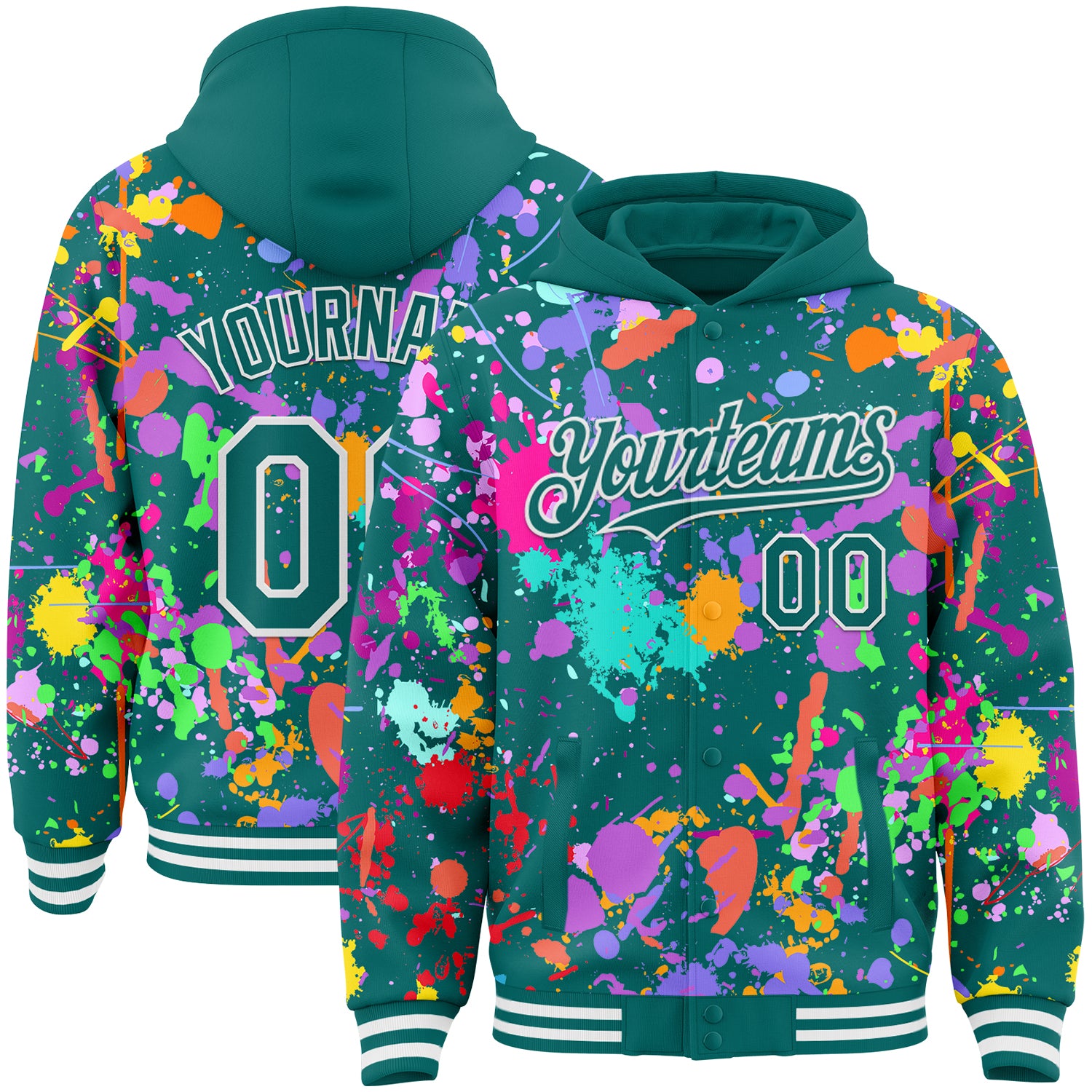 Custom Graffiti Pattern Teal-White Splash Bomber Full-Snap Varsity Letterman Hoodie Jacket