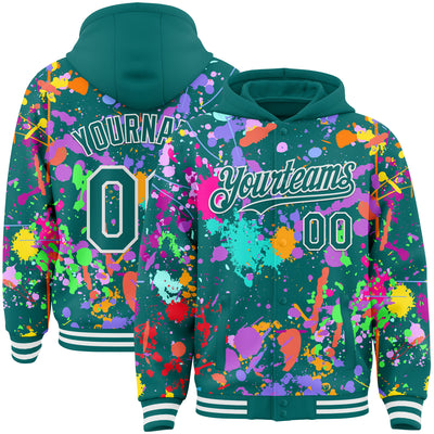 Custom Graffiti Pattern Teal-White Splash Bomber Full-Snap Varsity Letterman Hoodie Jacket