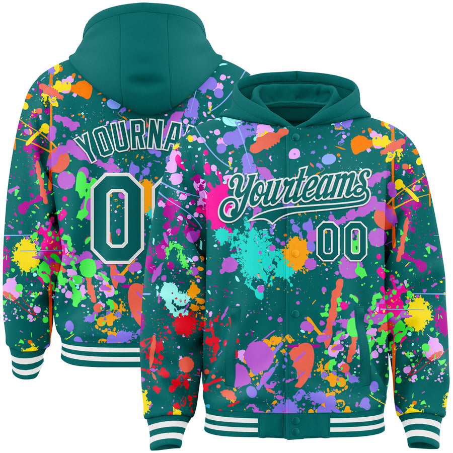 Custom Graffiti Pattern Teal-White Splash Bomber Full-Snap Varsity Letterman Hoodie Jacket