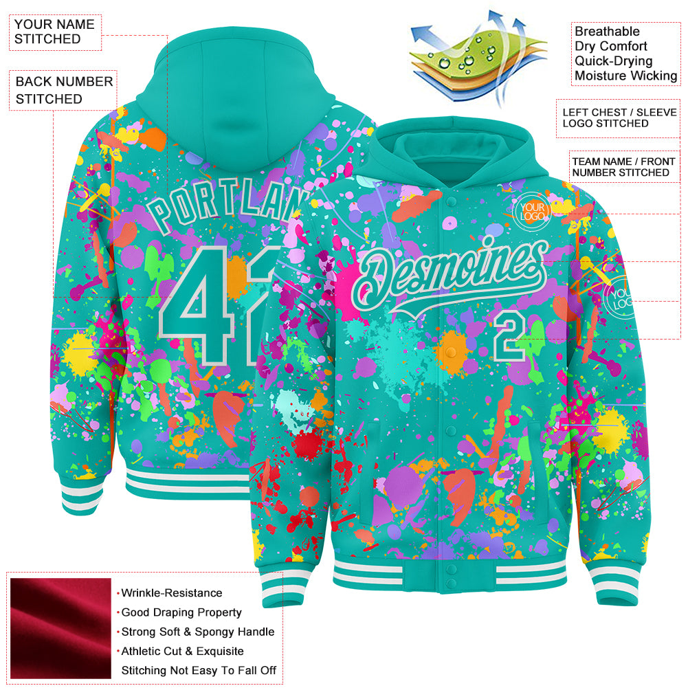 Custom Graffiti Pattern Aqua-White Splash Bomber Full-Snap Varsity Letterman Hoodie Jacket