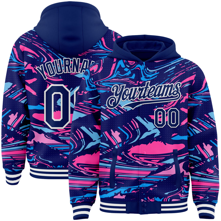 Custom Figure Royal Pink Light Blue-White Fluid Pattern Bomber Full-Snap Varsity Letterman Hoodie Jacket