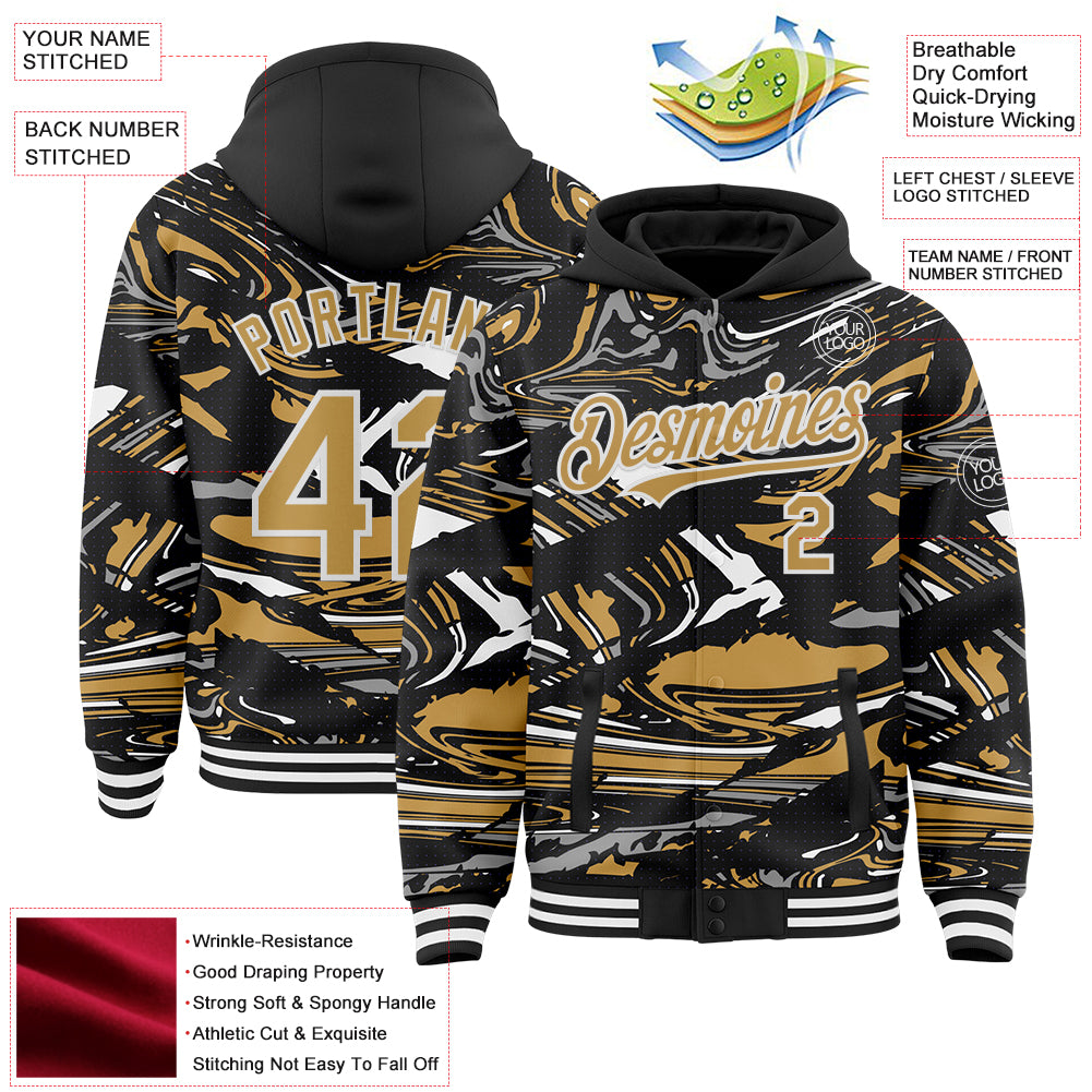 Custom Figure Old Gold Black-White Fluid Pattern Bomber Full-Snap Varsity Letterman Hoodie Jacket