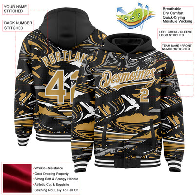 Custom Figure Old Gold Black-White Fluid Pattern Bomber Full-Snap Varsity Letterman Hoodie Jacket