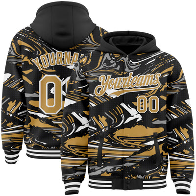 Custom Figure Old Gold Black-White Fluid Pattern Bomber Full-Snap Varsity Letterman Hoodie Jacket