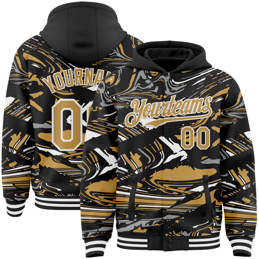 Custom Figure Old Gold Black-White Fluid Pattern Bomber Full-Snap Varsity Letterman Hoodie Jacket