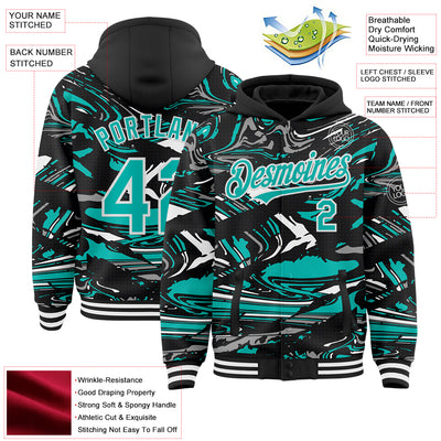 Custom Figure Aqua Black-White Fluid Pattern Bomber Full-Snap Varsity Letterman Hoodie Jacket