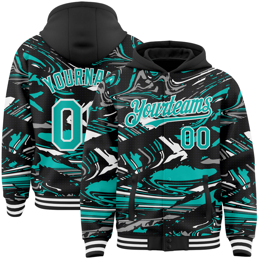 Custom Figure Aqua Black-White Fluid Pattern Bomber Full-Snap Varsity Letterman Hoodie Jacket