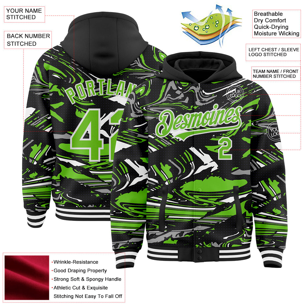Custom Figure Aurora Green Black-White Fluid Pattern Bomber Full-Snap Varsity Letterman Hoodie Jacket