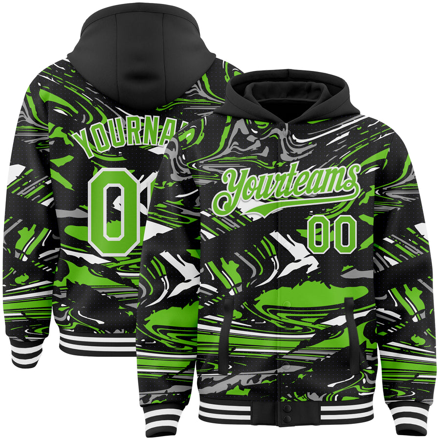 Custom Figure Aurora Green Black-White Fluid Pattern Bomber Full-Snap Varsity Letterman Hoodie Jacket