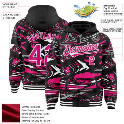 Custom Figure Hot Pink Black-White Fluid Pattern Bomber Full-Snap Varsity Letterman Hoodie Jacket