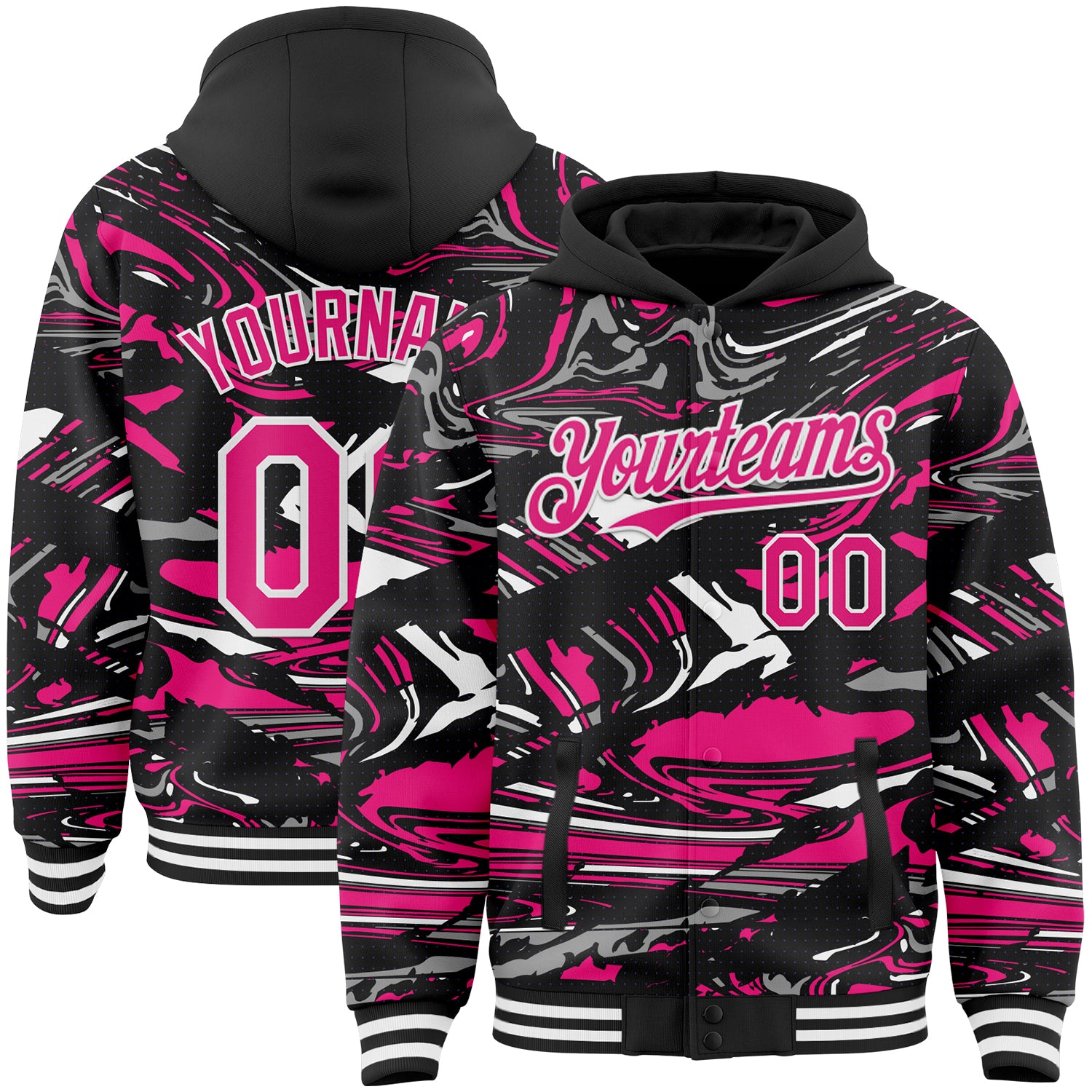 Custom Figure Hot Pink Black-White Fluid Pattern Bomber Full-Snap Varsity Letterman Hoodie Jacket