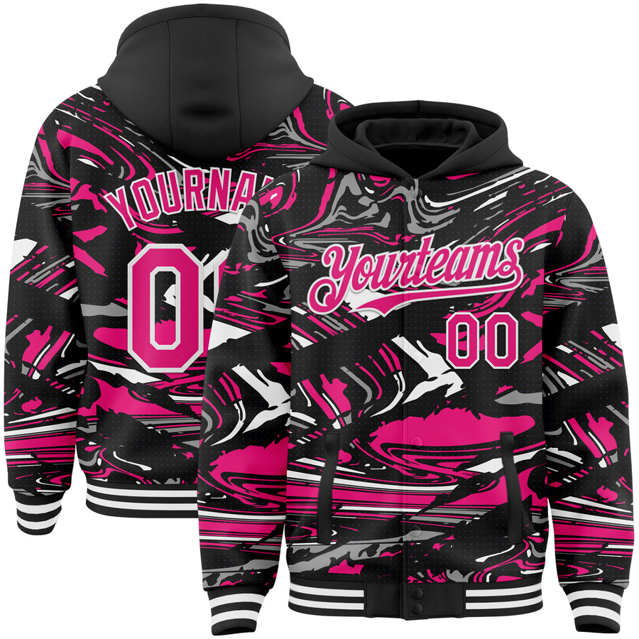 Custom Figure Hot Pink Black-White Fluid Pattern Bomber Full-Snap Varsity Letterman Hoodie Jacket