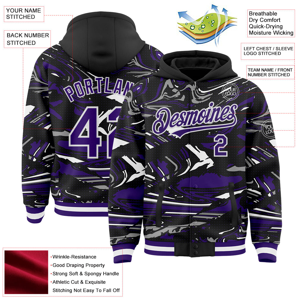 Custom Figure Purple Black-White Fluid Pattern Bomber Full-Snap Varsity Letterman Hoodie Jacket