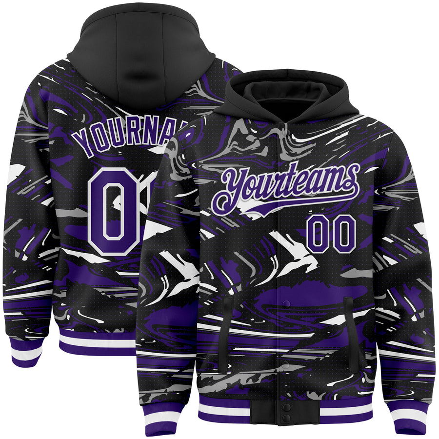 Custom Figure Purple Black-White Fluid Pattern Bomber Full-Snap Varsity Letterman Hoodie Jacket