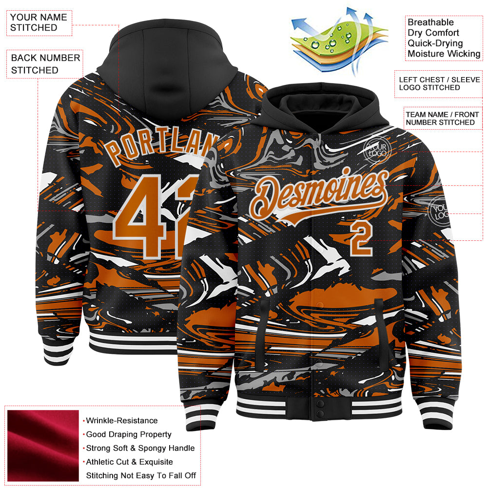 Custom Figure Texas Orange Black-White Fluid Pattern Bomber Full-Snap Varsity Letterman Hoodie Jacket
