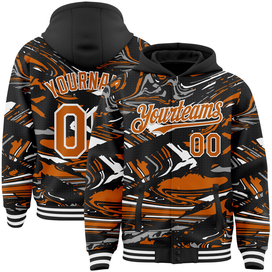 Custom Figure Texas Orange Black-White Fluid Pattern Bomber Full-Snap Varsity Letterman Hoodie Jacket