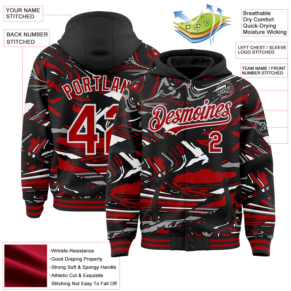 Custom Figure Red Black-White Fluid Pattern Bomber Full-Snap Varsity Letterman Hoodie Jacket