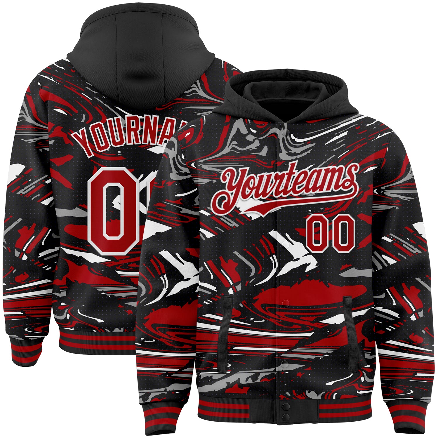 Custom Figure Red Black-White Fluid Pattern Bomber Full-Snap Varsity Letterman Hoodie Jacket