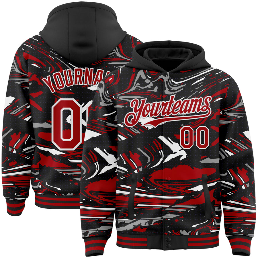 Custom Figure Red Black-White Fluid Pattern Bomber Full-Snap Varsity Letterman Hoodie Jacket