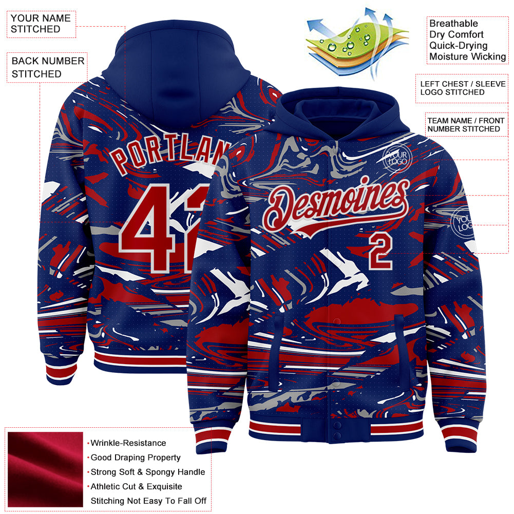 Custom Figure Red Royal-White Fluid Pattern Bomber Full-Snap Varsity Letterman Hoodie Jacket