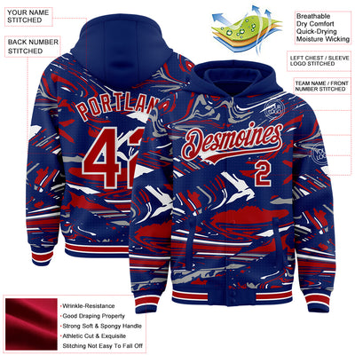 Custom Figure Red Royal-White Fluid Pattern Bomber Full-Snap Varsity Letterman Hoodie Jacket