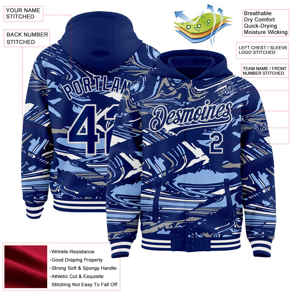 Custom Figure Royal Light Blue-White Fluid Pattern Bomber Full-Snap Varsity Letterman Hoodie Jacket