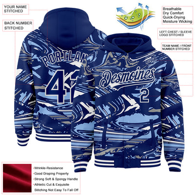 Custom Figure Royal Light Blue-White Fluid Pattern Bomber Full-Snap Varsity Letterman Hoodie Jacket