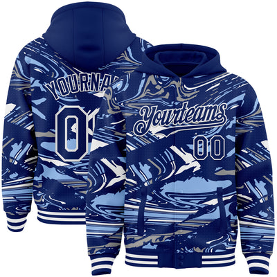 Custom Figure Royal Light Blue-White Fluid Pattern Bomber Full-Snap Varsity Letterman Hoodie Jacket