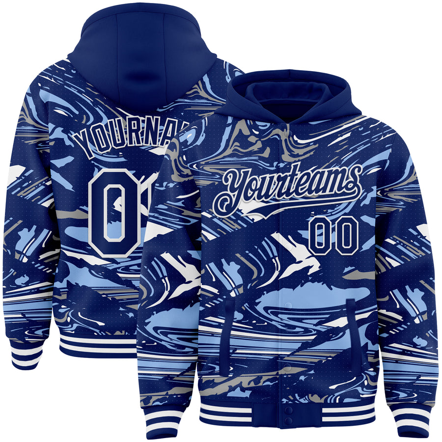 Custom Figure Royal Light Blue-White Fluid Pattern Bomber Full-Snap Varsity Letterman Hoodie Jacket
