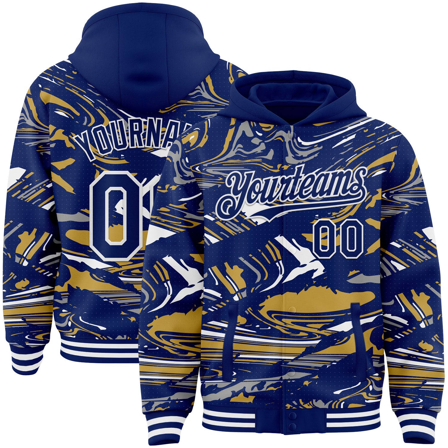 Custom Figure Royal Old Gold-White Fluid Pattern Bomber Full-Snap Varsity Letterman Hoodie Jacket