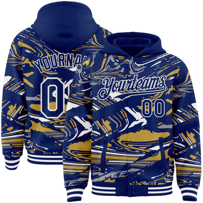 Custom Figure Royal Old Gold-White Fluid Pattern Bomber Full-Snap Varsity Letterman Hoodie Jacket