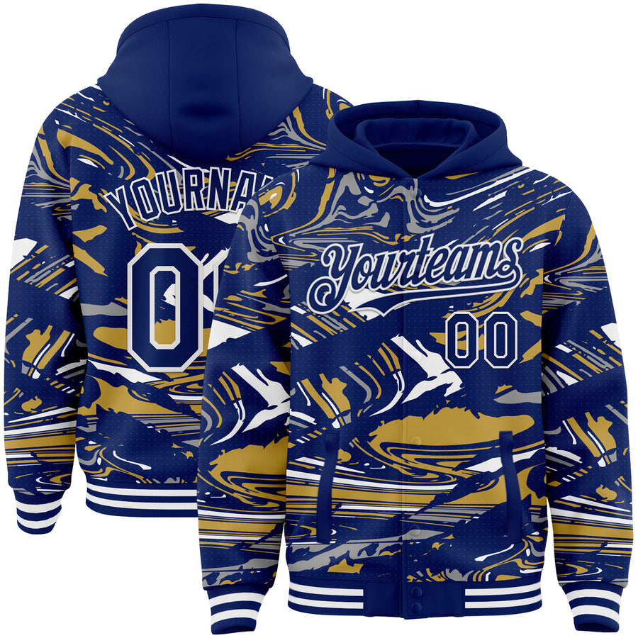 Custom Figure Royal Old Gold-White Fluid Pattern Bomber Full-Snap Varsity Letterman Hoodie Jacket