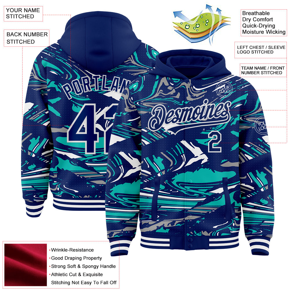 Custom Figure Royal Aqua-White Fluid Pattern Bomber Full-Snap Varsity Letterman Hoodie Jacket