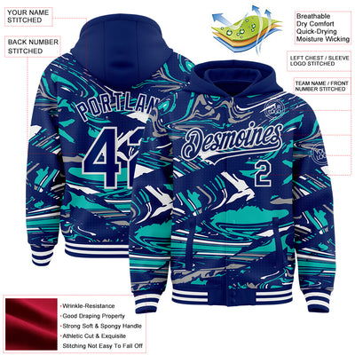 Custom Figure Royal Aqua-White Fluid Pattern Bomber Full-Snap Varsity Letterman Hoodie Jacket