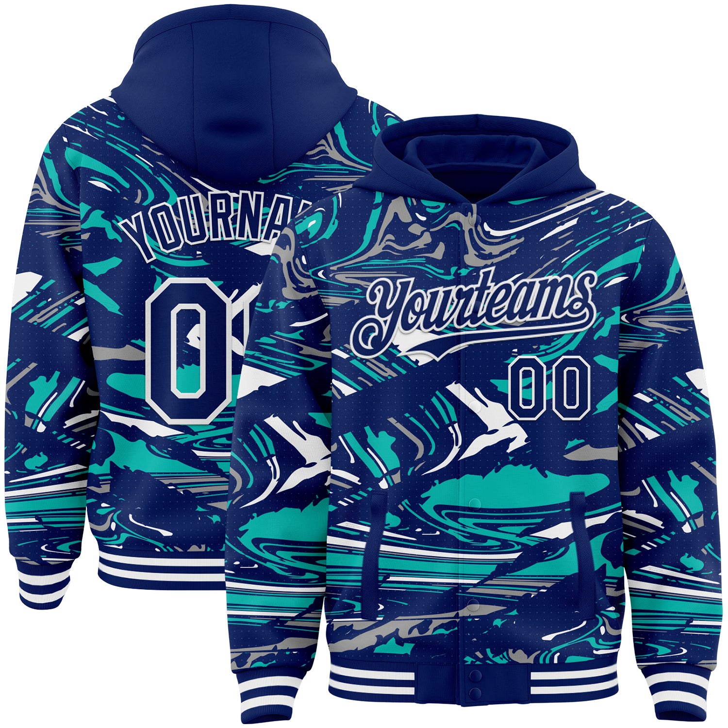 Custom Figure Royal Aqua-White Fluid Pattern Bomber Full-Snap Varsity Letterman Hoodie Jacket