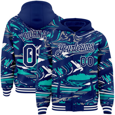 Custom Figure Royal Aqua-White Fluid Pattern Bomber Full-Snap Varsity Letterman Hoodie Jacket